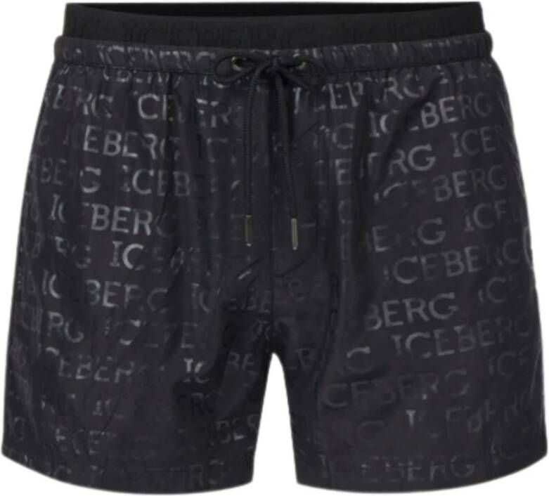 Iceberg Logo Print Zwembroek Elastische Tailleband Black Heren