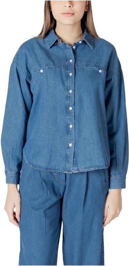 Ichi Blauw Katoenen Knoopshirt met Zakken Blue Dames - Foto 3