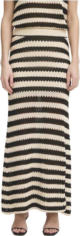 Ichi Zachte Gebreide Rok Zwart Amandelmelk Streep Black Dames