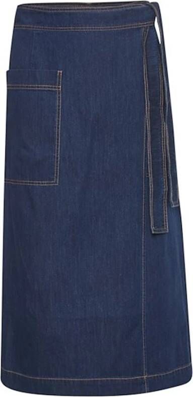 InWear Blauwe Denim Midi Rok met Strikceintuur en Zijzak Blauw Dames