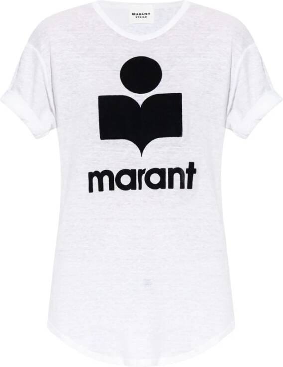 Isabel marant T-shirt met Flocked Logo en Losse Pasvorm Logo Linnen T-Shirt met Ronde Hals White Black