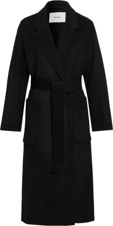 IVY OAK Midi Wollen Jas met Riem en Zakken Black Dames