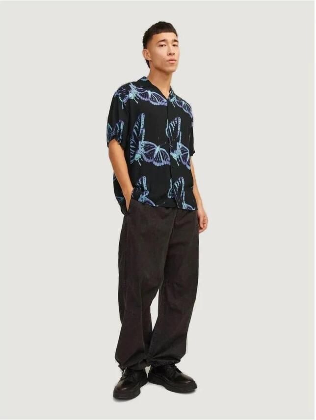 Jack & jones Zwarte Vlinderprint Korte Mouw Overhemd Black Heren