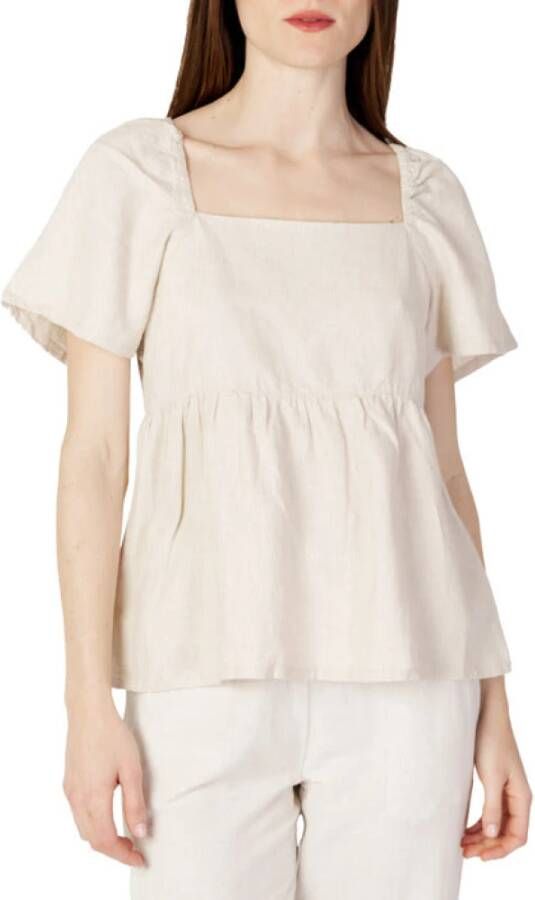 Jacqueline de Yong Beige Linnen Blend Korte Mouw Shirt Beige Dames