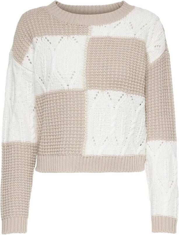 Jacqueline de Yong Beige Geruite Gebreide Trui met Slip-On Design Beige Dames