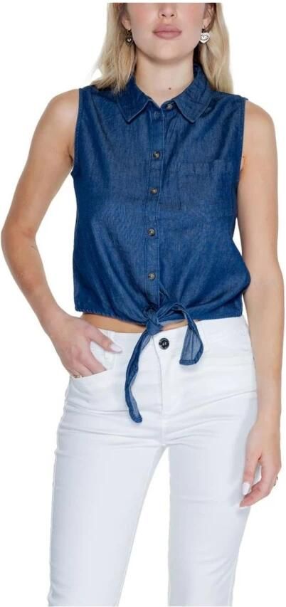 Jacqueline de Yong Blauw Katoenen Mouwloze Strik Voorkant Top Blue Dames - Foto 4