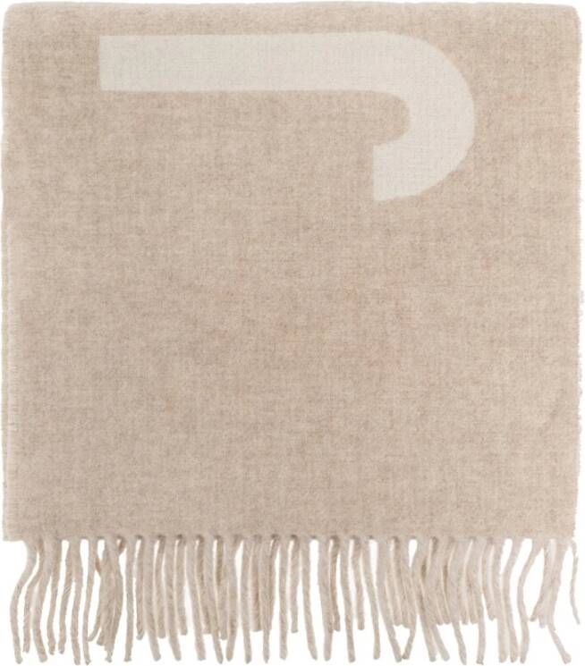 Jacquemus Wollen Logo Jacquard Sjaal Franje Rand Beige Unisex