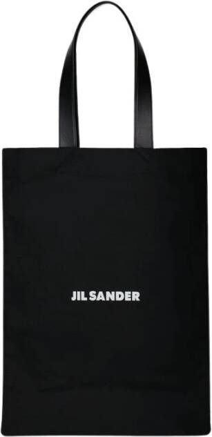 Jil Sander Zwarte Linnen Blend Tas met Logo Print en Kunstleren Handvatten Zwart Dames