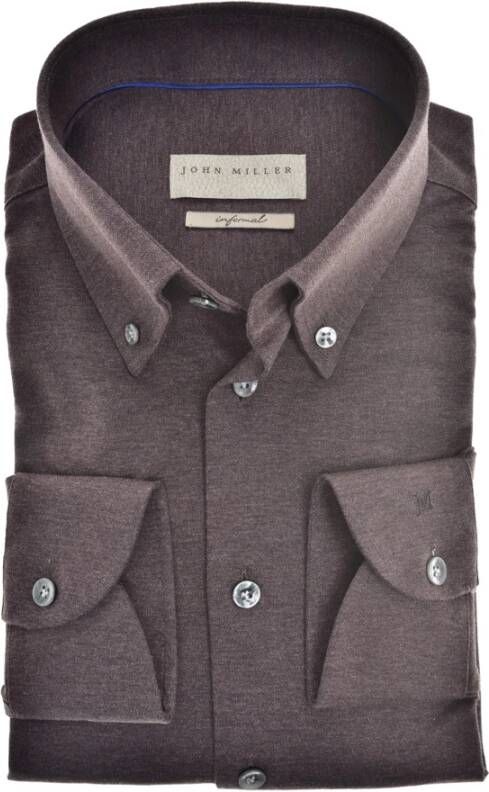 John Miller overhemd mouwlengte 7 slim fit donkerbruin effen katoen