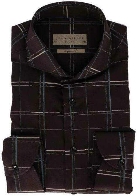 John Miller business overhemd Tailored Fit slim fit bruin geruit katoen