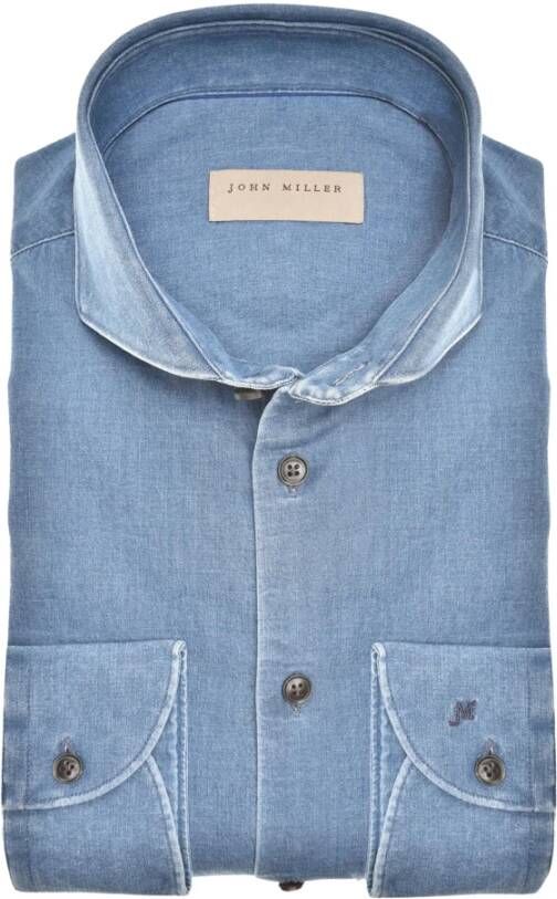 John Miller Slim Fit Denim Overhemd met Cutaway Kraag Blue Heren