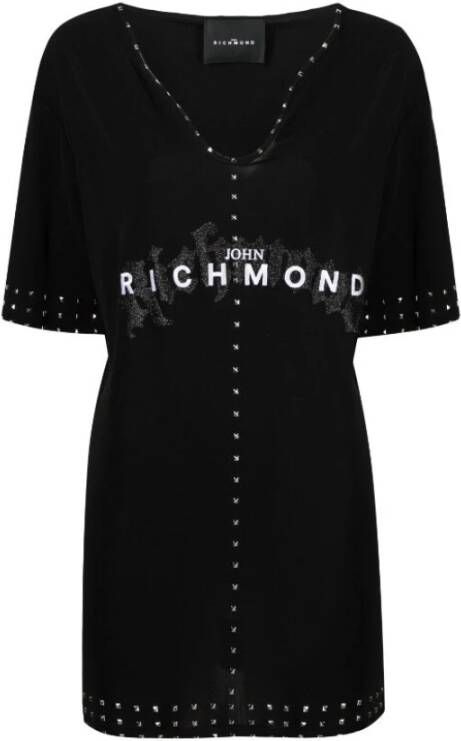 John Richmond Dames V-Hals Logo T-Shirt met Decoratieve Elementen Zwart Dames