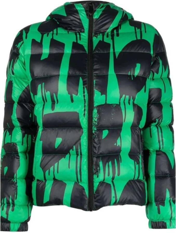 John Richmond Korte down jas met kap en graffiti -print Groen Dames