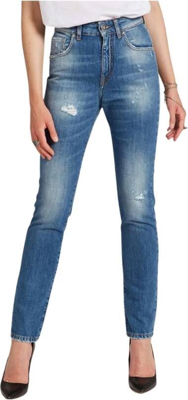 John Richmond Hoog getailleerde jeans met veren effect en logo op de achterkant Blauw Dames