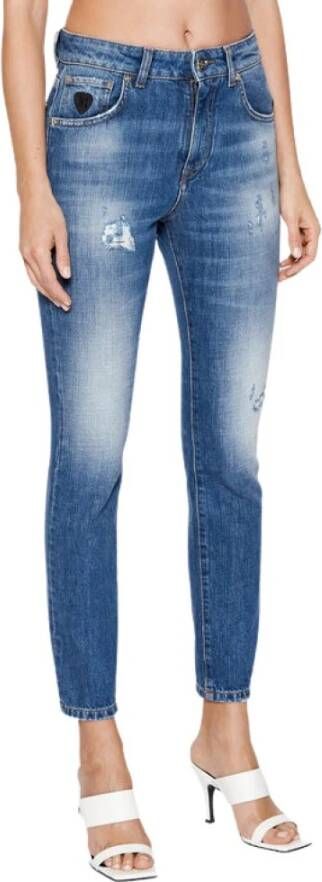 John Richmond Hoog getailleerde jeans met veren effect en logo op de achterkant Blauw Dames