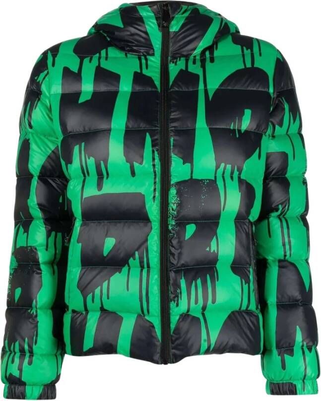 John Richmond Korte down jas met kap en graffiti -print Groen Dames