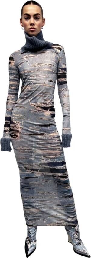 John Richmond Lange aansluitende jurk met iconisch denim patroon en hoge contrast kraag Blauw Dames