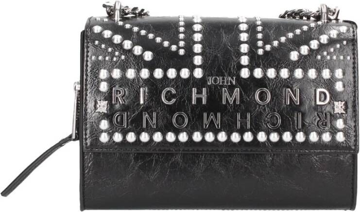 John Richmond Logan -schoudertas in eco -leer studs en voorste logo flap met flap verstelbare schouderriem 3 interne compartimenten één gesloten met zip Zwart Dames