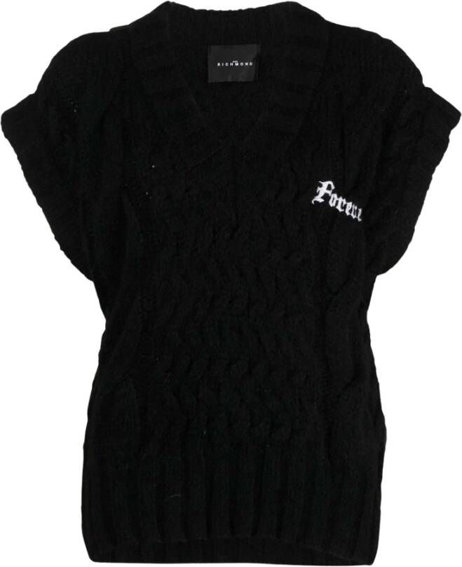 John Richmond Oversized gebreide vest met V-hals en logo Zwart Dames