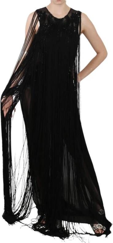 John Richmond Black Silk Beaded Sequined Sheer Dress Zwart Dames