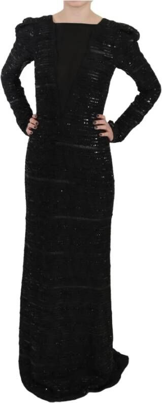John Richmond Black Silk Full Length Sequined Gown Dress Black Dames