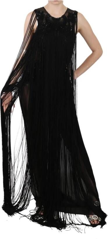 John Richmond Black Silk Beaded Sequined Sheer Dress Zwart Dames