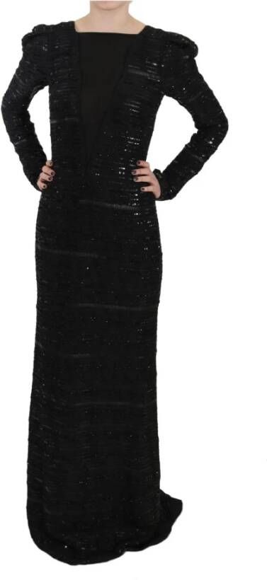 John Richmond Black Silk Full Length Sequined Gown Dress Black Dames