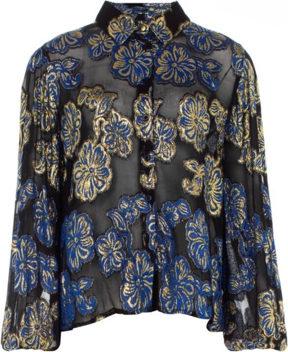 Juffrouw Jansen semi-transparante blouse Phoeby met all over print blauw goud zwart