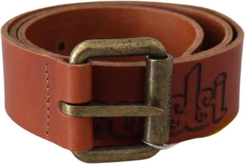 Just Cavalli Brown Leather Logo Bronze Rustic Metal Buckle Belt Bruin Dames