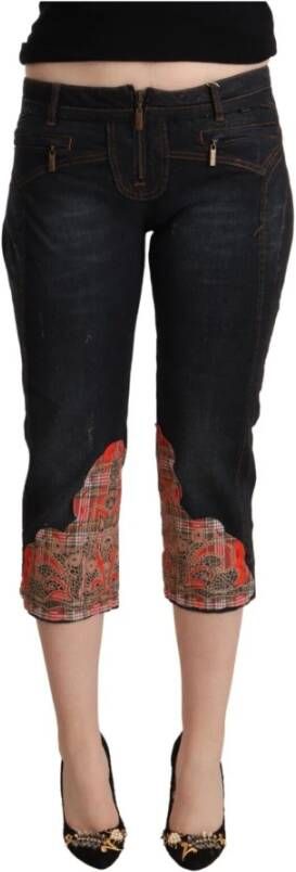 Just Cavalli Black Mid Waist Cropped Capri Red Floral Denim Jeans Zwart Dames