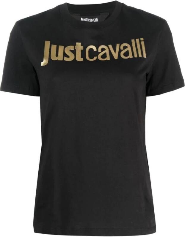 Just Cavalli Zwarte Katoenen T-shirt met Gouden Logo Black