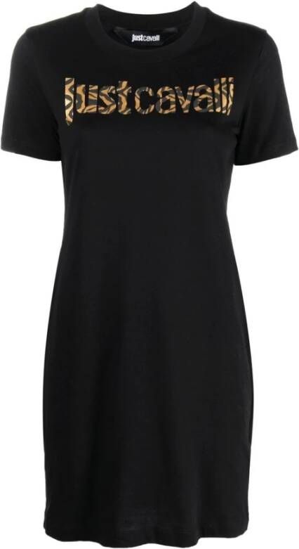 Just Cavalli Korte Mouw Zwarte Katoenen Jersey Jurk Black Dames