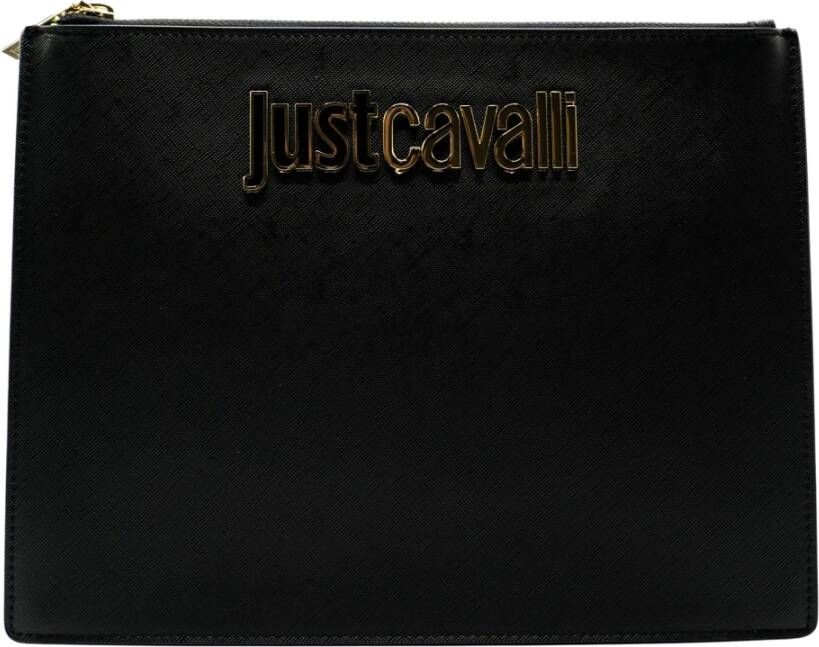 Just Cavalli Zwarte Rechthoekige Handtas met Gouden Inscriptie Black Dames