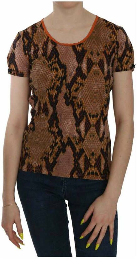 Just Cavalli Snake Skin Print Short Sleeve Top T-shirt Brown Dames