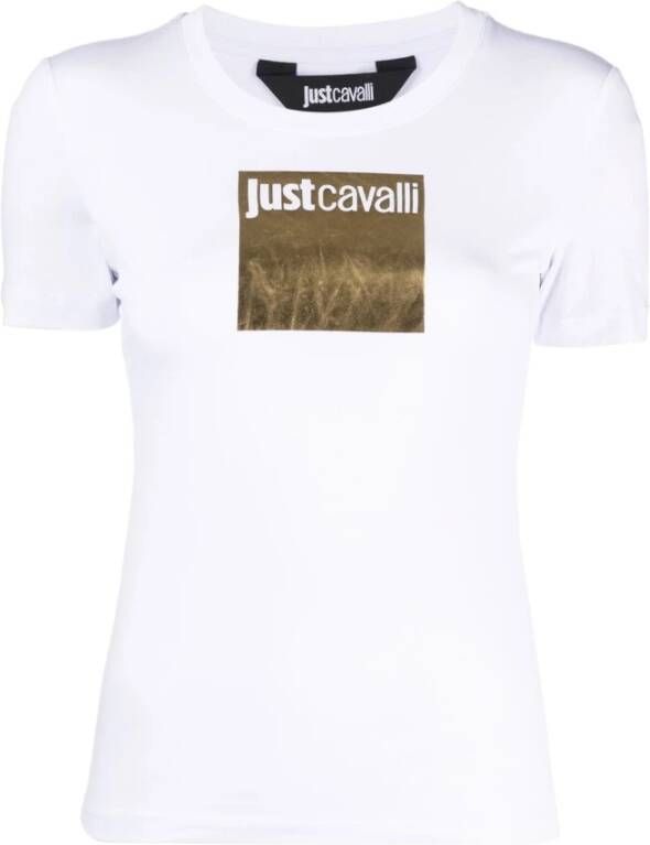 Just Cavalli Witte korte mouwen katoenen T-shirt met gouden print en logo White Dames