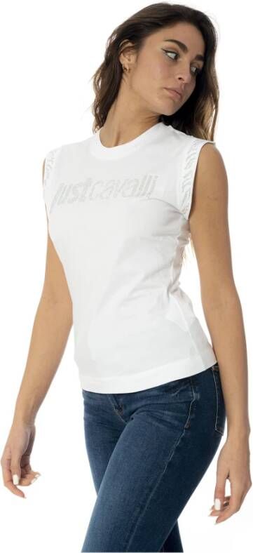 Just Cavalli Katoenen Jersey T-Shirt met Zilveren Logo White Dames