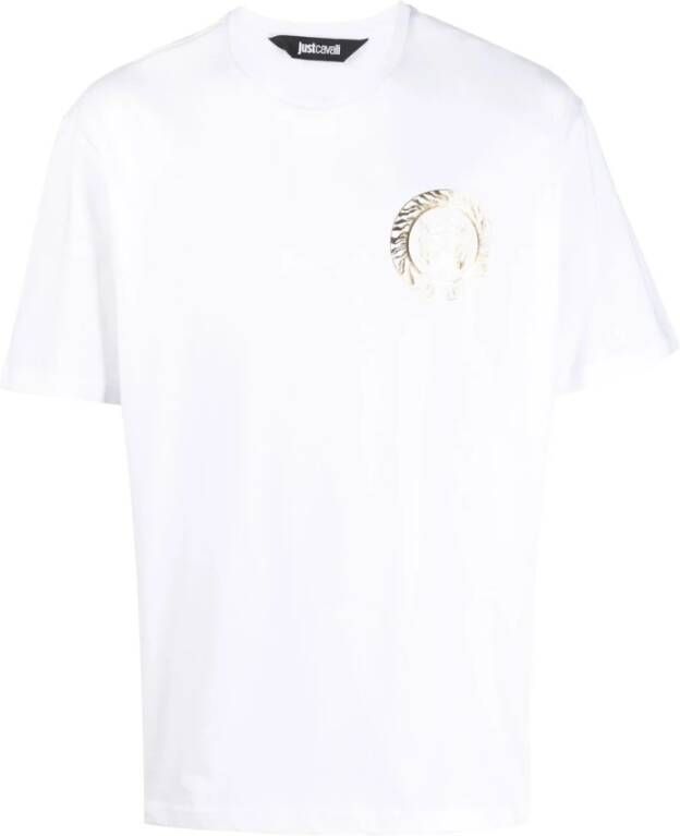 Just Cavalli Witte Katoenen T-shirt met Gouden Logo White Heren