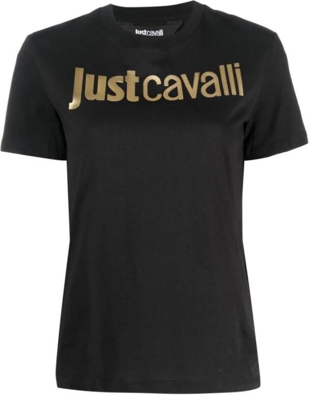 Just Cavalli Zwarte Katoenen T-shirt met Gouden Logo Black