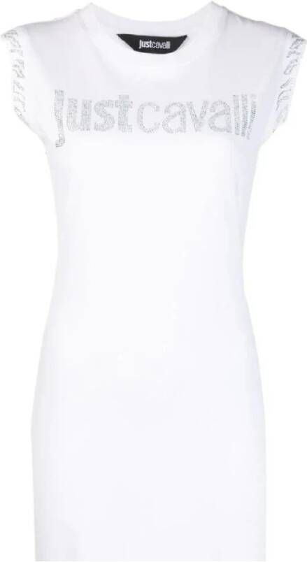 Just Cavalli Witte Katoenen Jersey Jurk met Strass Logo Wit Dames