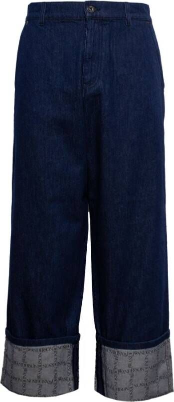 JW Anderson Indigo Blauwe Grid-Print Wide-Leg Jeans Blauw Heren