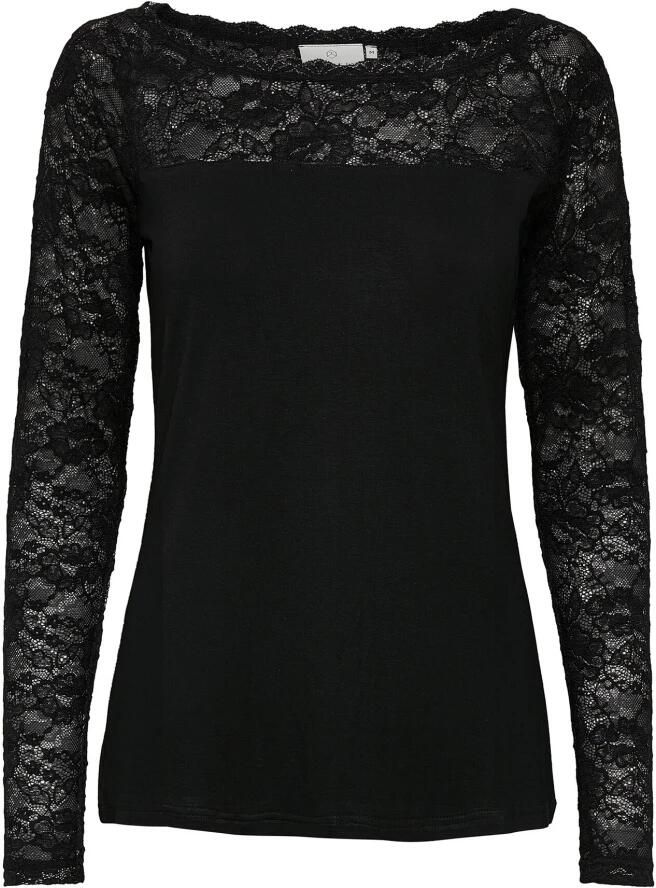 Kaffe Kanten Boat T-Shirt Top met Kantdetail Black Dames