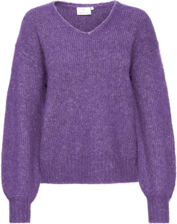 Kaffe Zachte en Comfortabele V-Hals Trui met Pofmouwen Purple Dames