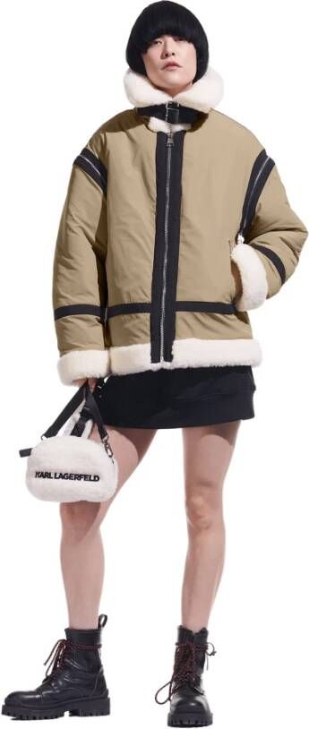 Karl Lagerfeld X Cara Delevingne Faux Fur Biker Coat Beige Dames