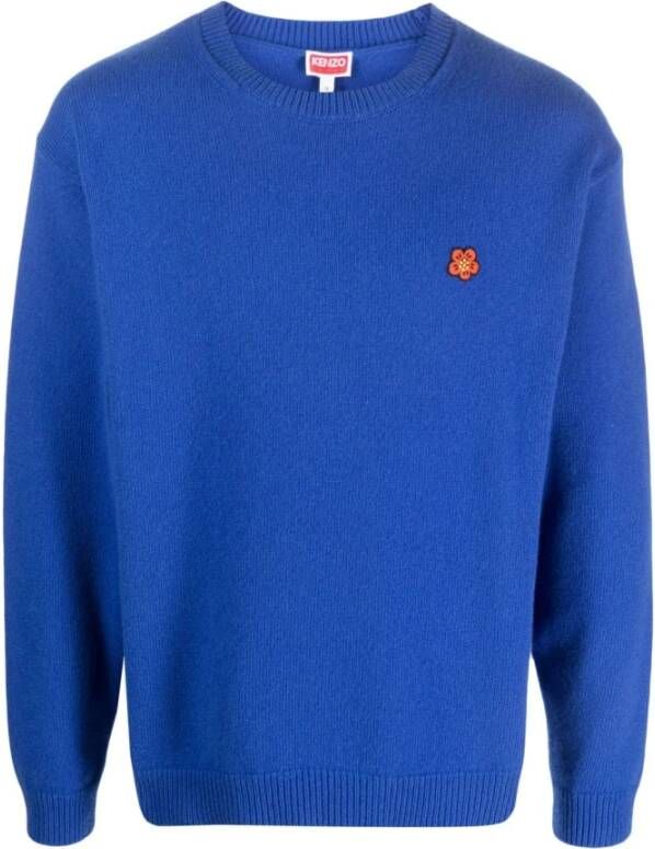 Kenzo Blauwe Gebreide Wollen Pullover met Logo Patch Blauw Heren