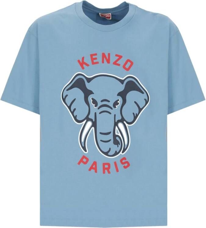 Kenzo Cyaan Éléphant Varsity Jungle Print T-Shirt voor Heren Blauw Heren
