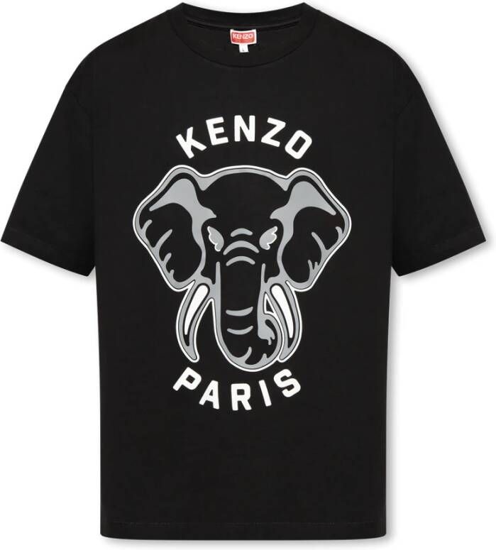 Kenzo Zwart T-Shirt met Olifantenprint Black Heren