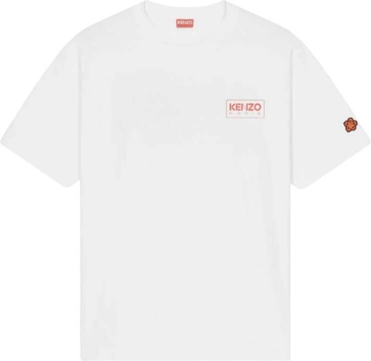 Kenzo Witte heren T-shirt met rood logo patroon en bloemen patch White Heren