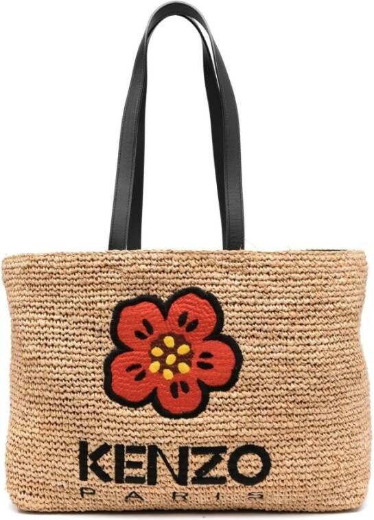 Kenzo Zwarte Boke Flower Rafia Tote Tas Beige Dames