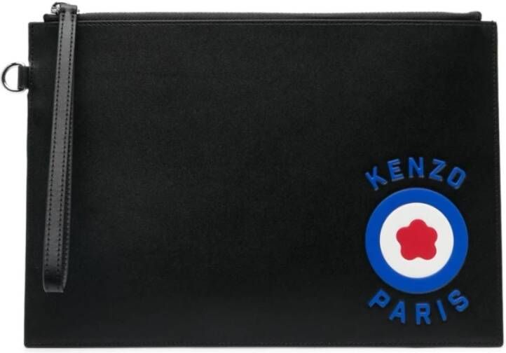 Kenzo Zwarte Leren Logo-Ingelegde Clutch Tas Zwart Heren