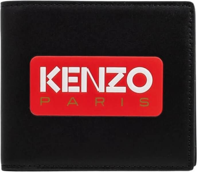 Kenzo Zwarte Leren Portemonnee met Bi-fold Ontwerp en Logo Print Zwart